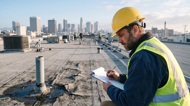 Building inspector writing notes on clipboard during flat roof audit. Caucasian specialist checking commercial facility during routine property upkeep.