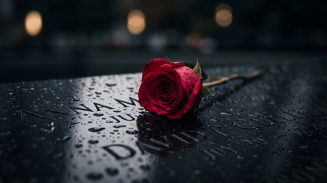 A close-up shot of a single fresh red rose covered in morning dew or rain droplets, lying on a reflective, wet black marble memorial plaque with engraved names, symbolizing remembrance, mourning, l...