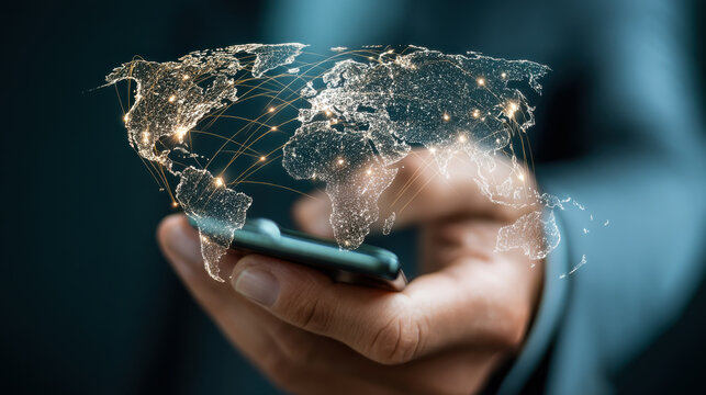 Man using smartphone in busy location with world map graphic overlay showing global connectivity