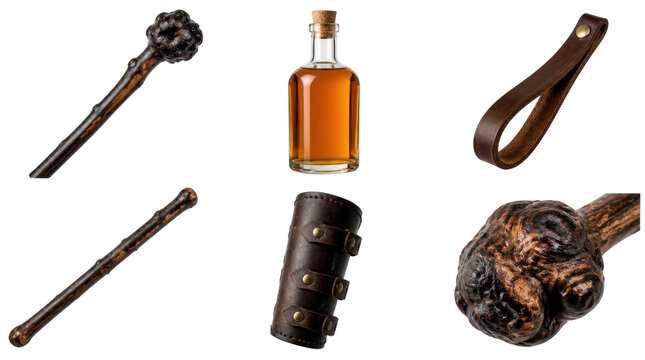 Collection of medieval fantasy items including two wooden maces, a leather bracer with metal studs, and a glass bottle filled with amber liquid. All objects are isolated on a transparent background.