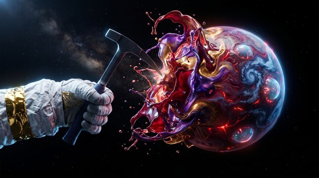 A heavy astronaut-grade robotic EVA hand holding a geological surveying hammer, striking empty space to unleash an explosive