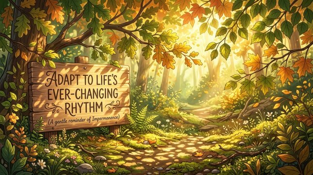 Wooden sign in a sun-drenched forest reading "Adapt to Life's Ever-Changing Rhythm" surrounded by autumn leaves and dappled sunlight