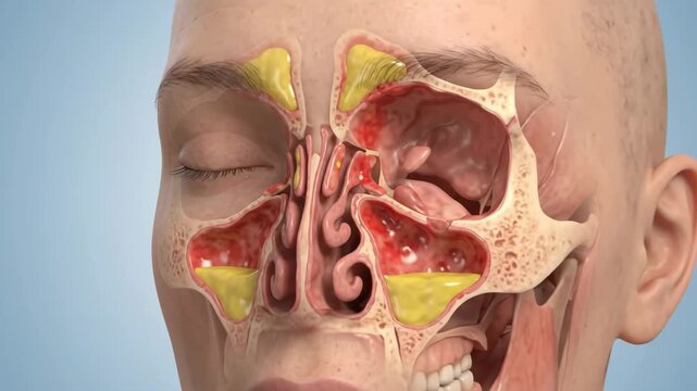 Detailed illustration of human paranasal sinuses affected by sinusitis, showing inflammation and fluid accumulation in the nasal cavity.