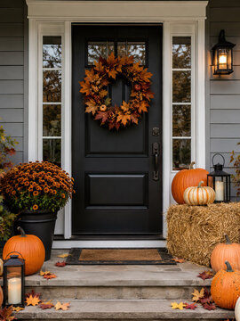 A black front door is adorned with a large autumnal wreath of dried leaves and berries, creating a warm and inviting display. Autumn.