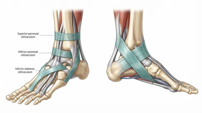 Diagram illustrates the anatomy of retinacula and connective tissues in the ankle area, highlighting tendons and support structures.