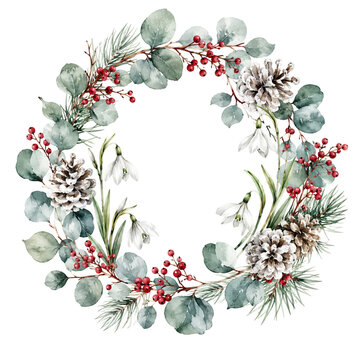 A circular wreath of evergreen branches, snowdrops, and red berries sits against a white background, creating a tranquil winter scene. New Year and Christmas holiday concept.