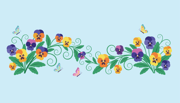Delightful wavy border of colorful pansy flowers and fluttering butterflies set against a light blue sky background.