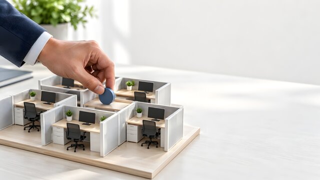 Hand placing final piece in office cubicle model
