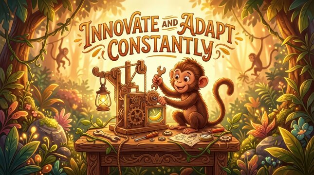 Whimsical monkey tinkering with invention in lush jungle, inspiring innovation and adaptation with warm lighting