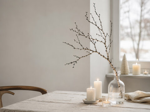 A clear glass vase holds a white sprig on table, creating a tranquil ambiance.