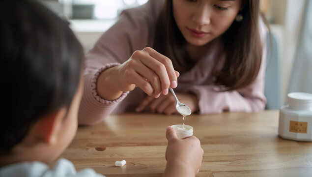 子どもの薬を準備する日本人の母親の手元