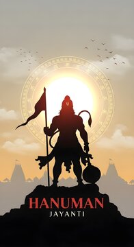 Hanuman Jayanti celebration artwork with Lord Hanuman silhouette holding sacred flag and gada mace on mountain peak during sunrise, representing Hindu devotion, strength, courage, faith, and spiritual