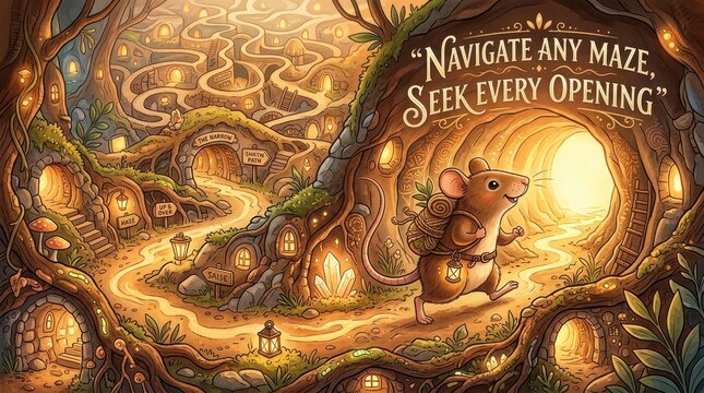 Whimsical Mouse Navigating a Magical Forest Maze with Glowing Lanterns and Cozy Burrows, Inspiring Adventure