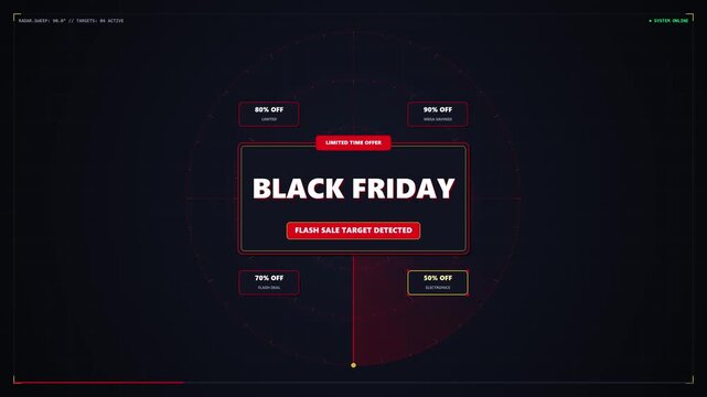 Futuristic Cyber HUD Interface with Black Friday Sale Promo Badges and Tech Radar Graphics