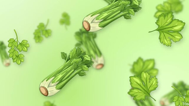 Falling Celery and Parsley Leaves Animation on Green Background