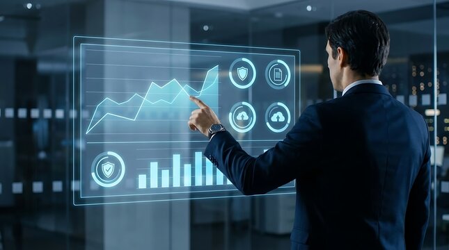 Businessman interacting with a futuristic holographic display, analyzing financial data and business analytics, modern technology interface for data visualization and digital transformation