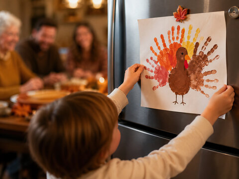 A young boy carefully attaches a handprint turkey artwork to a refrigerator door. Thanksgiving Day