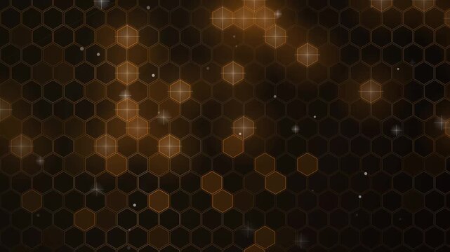 Abstract Amber Hexagon Grid with Glowing Particles and Light Effects