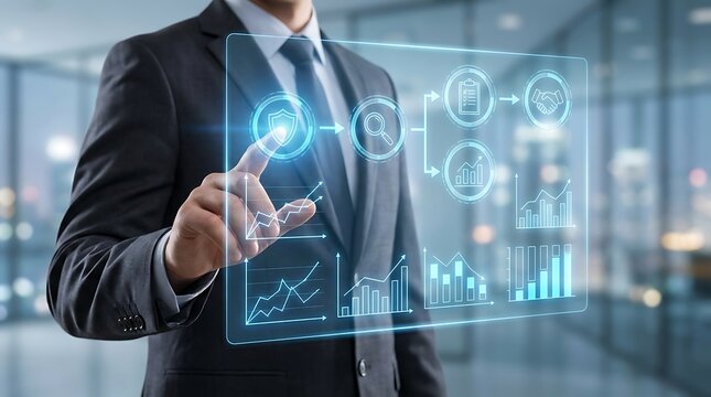 Businessman interacting with a futuristic digital interface, a professional touching a virtual screen with business analytics and data visualization