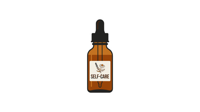 A brown glass dropper bottle featuring a label with floral illustrations and the text self-care