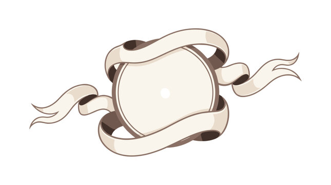 A circular beige emblem framed by an elegant, wrapping ribbon banner on a clean white background