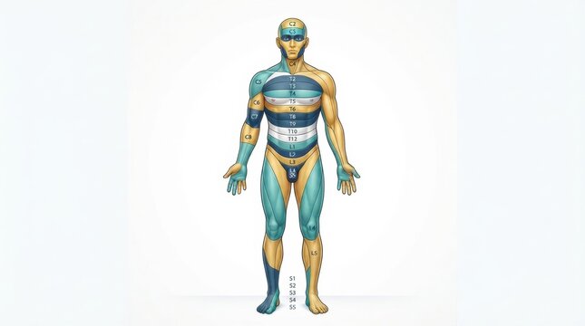 A visual representation of peripheral nerve anatomy showing nerve plexus and dermatome divisions across the body.