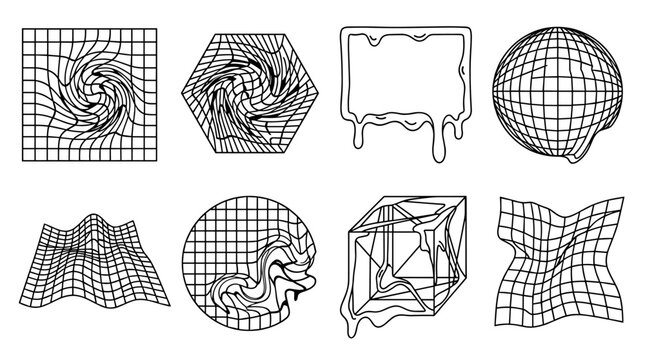 A collection of eight geometric shapes featuring black line grid patterns with distortion effects