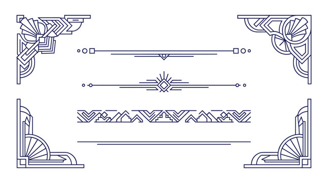 A collection of geometric linear art deco corner ornaments and dividers in dark blue on white