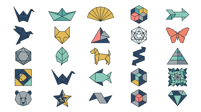 A collection of geometric, origami-style icons featuring animals, shapes, and abstract patterns