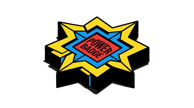 A 3D isometric graphic of a yellow, blue, and red star-shaped badge with bold black outlines