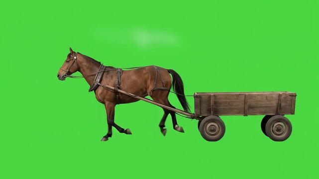 Horse pulling wooden cart on green screen