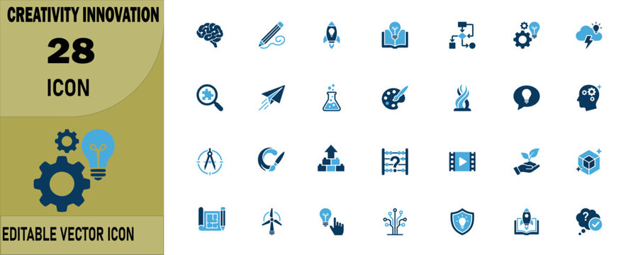 Collection of twenty eight minimalist digital icons on a yellow background