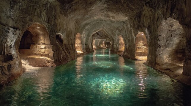 Underground cavern with turquoise water
