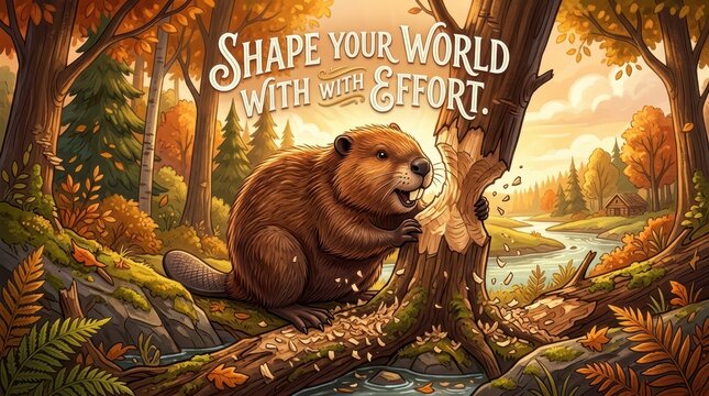 Whimsical beaver gnawing on a tree trunk in an autumnal forest landscape with text "Shape Your World With Effort"