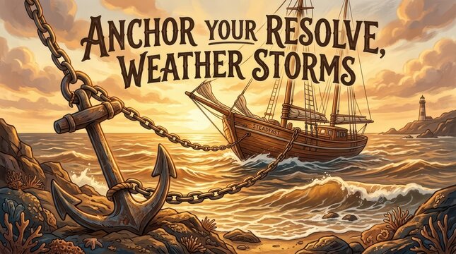 Vintage sailing ship navigates rough seas near a rocky shore with a lighthouse, while an anchor symbolizes resolve against storms.