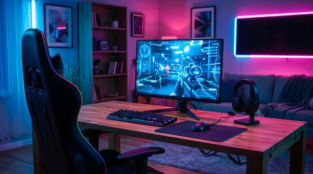 Neon gaming room setup with professional PC workstation, ergonomic chair and vibrant RGB lighting, modern gamer interior