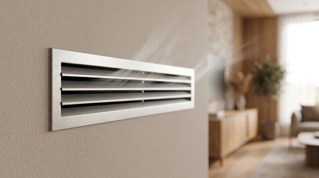 Modern aluminum air conditioning vent grille with fresh airflow in minimalist living room, representing HVAC installation, climate control and smart home ventilation system.