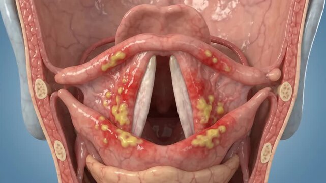 3D medical animation showing the human vocal cords and larynx with inflammation and infection, highlighting the effects of laryngitis or other throat conditions.