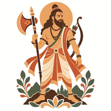 Parashurama Avatar of Lord Vishnu with Axe and Bow, Traditional Hindu Warrior Vector Illustration