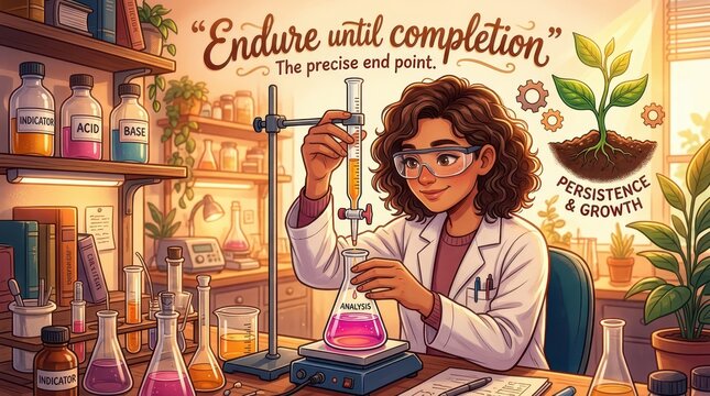 Young female scientist in a lab coat and safety goggles performs titration, with inspiring text about persistence and growth, symbolizing scientific d