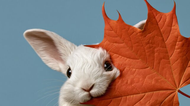 White rabbit peeking out from behind large orange maple leaf, pastel blue background, copy space