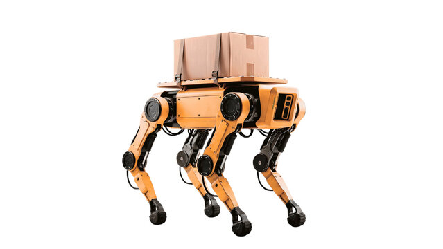 Yellow robotic dog delivers a cardboard package isolated on a transparent background representing smart automation.