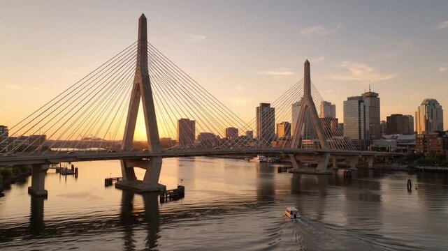 Zakim Bridge Boston Massachusetts Illuminated by Warm Golden Sunset With Downtown Skyline, Suspension Cables and Dramatic New England Evening Sky