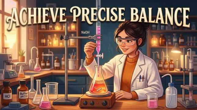 Young female scientist performs titration experiment in a well-equipped laboratory, achieving precise balance in measurements