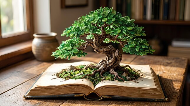 Green bonsai tree growing from open book pages.
