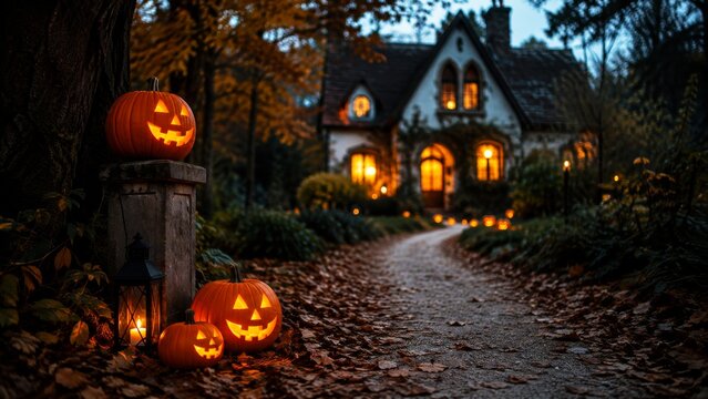Glowing jack-o'-lanterns mark a leaf-covered path to a spooky Halloween house