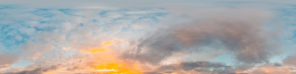 Sunset sky panorama with bright glowing pink Cirrus clouds. HDR 360 seamless spherical panorama. Full zenith or sky dome in 3D, sky replacement for aerial drone panoramas. Climate and weather change. © svetograph