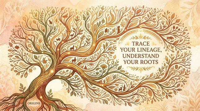 Whimsical Tree of Life illustration with intricate branches and small animal silhouettes, symbolizing lineage and roots.