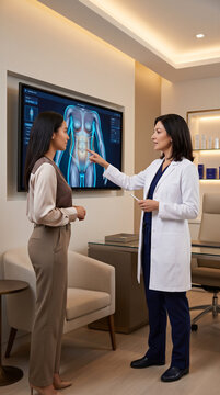 Doctor explaining anatomical diagram of human torso to female patient in clinic, medical screen display, healthcare consultation. Medical education, patient care, clinical services.