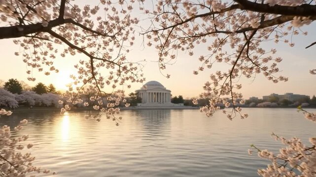 Washington DC Cherry Blossoms Surrounding Tidal Basin During Golden Sunset With Jefferson Memorial, Pink Flowers and Beautiful Spring Evening Sky